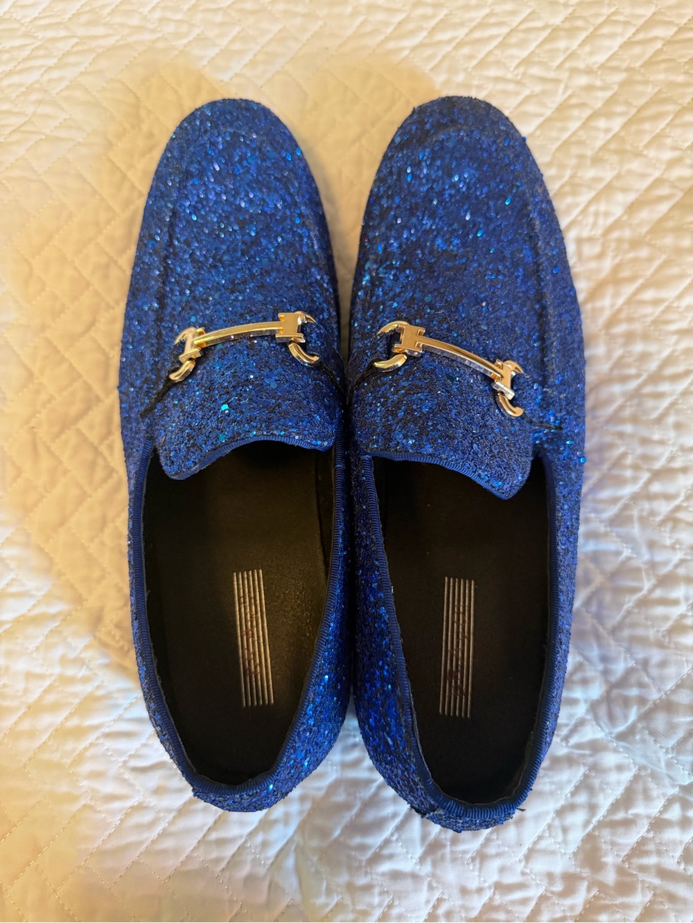 Men's Blue Glitter Loafers with Gold Bit Accent